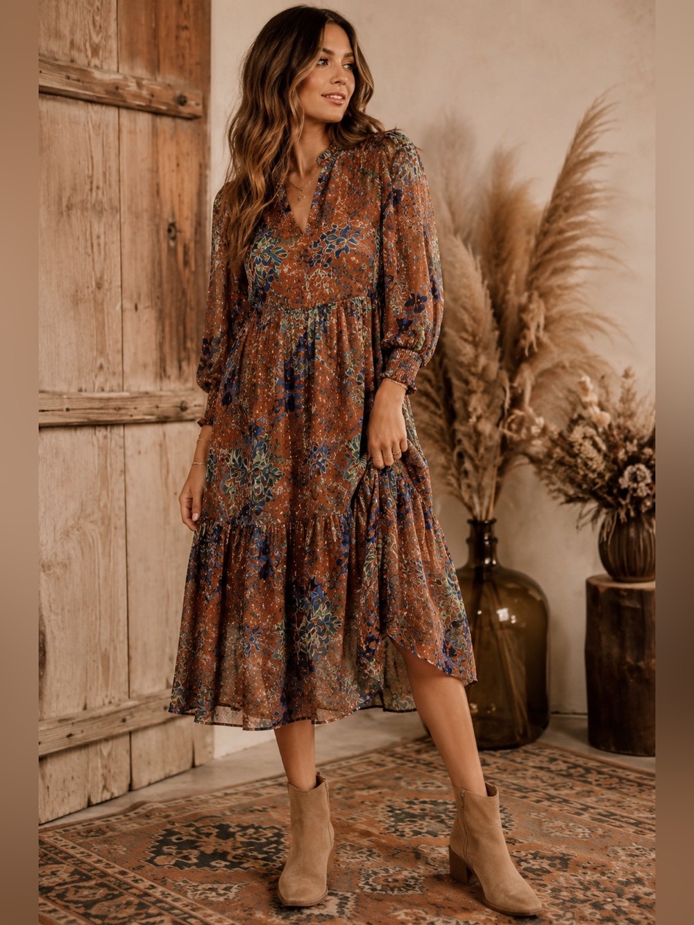 Umgee Brown Floral Midi Dress